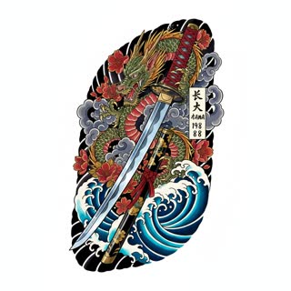 Dragon and katana, generated in BLDR